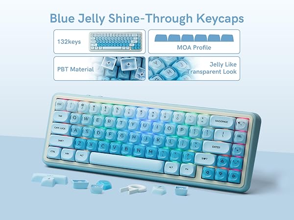 A keyboard featuring blue jelly shine-through keycaps, with 132 keys