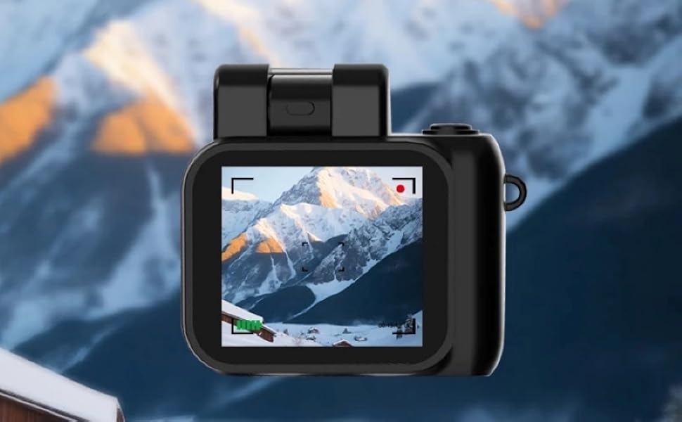 Digital camera with 1080p resolution showcasing mountain scenery on its display. Text highlights vlog creation capabilities and recording campus life details.