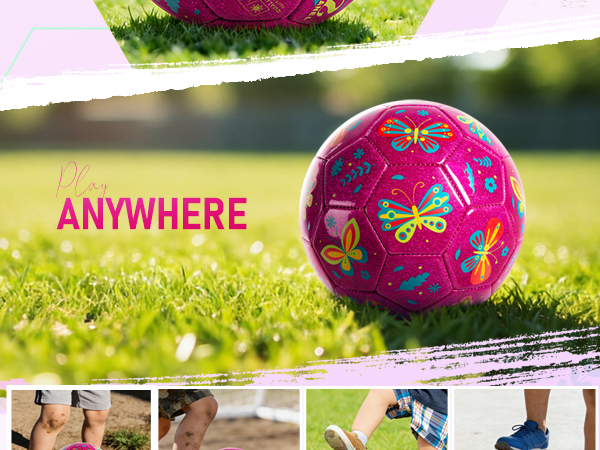 Boys girls kicks purple unicorn ball soccer yard outdoor