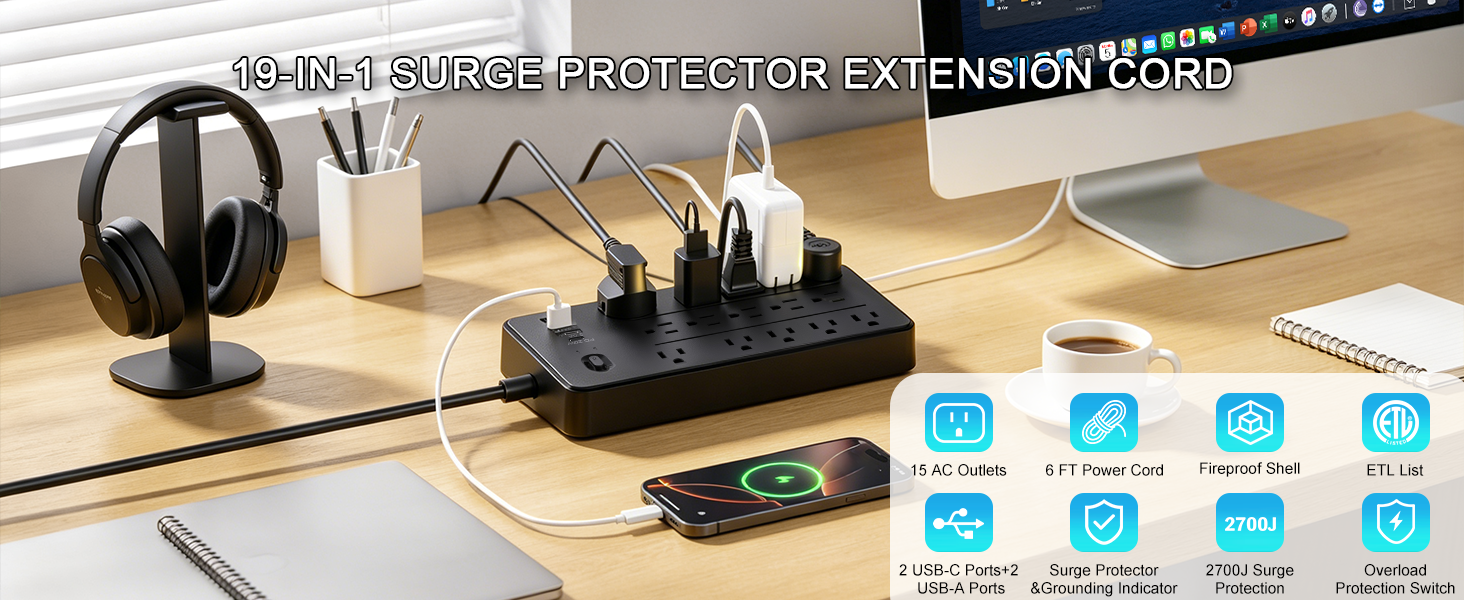 Multi Plug Outlet Surge Protector Power Strip Protection Extension Cord Multiple