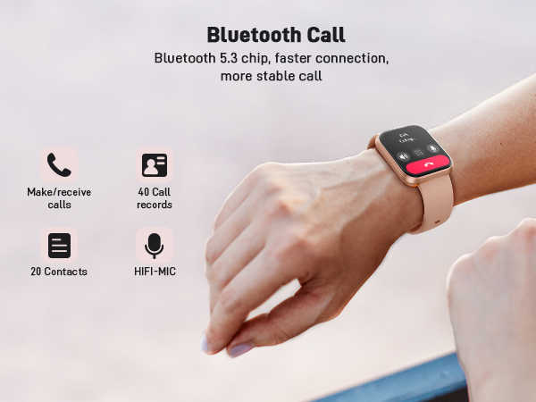 Smartwatch on wrist showcasing Bluetooth 5.3 call feature. Display indicates 40 call records, 20 contacts, and HiFi-MIC. Promises faster connection and more stable calls.