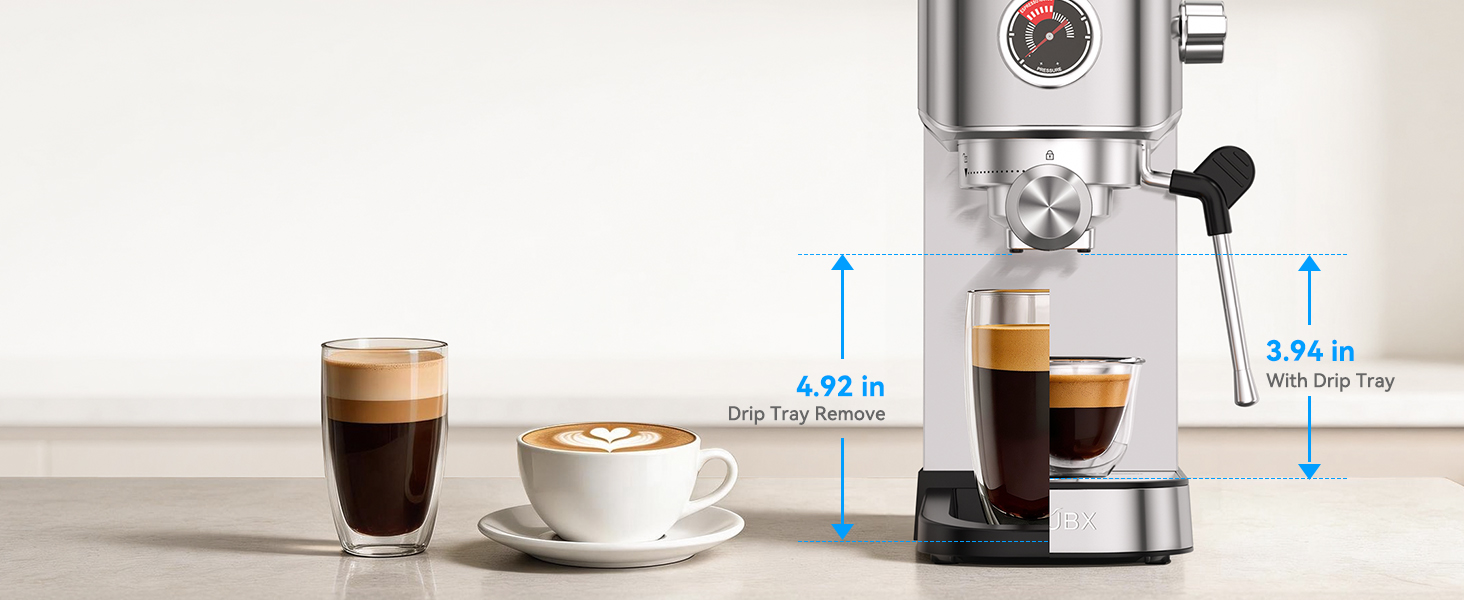 espresso machine removable drip tray tall mug latte glass extra clearance 4.9 inches