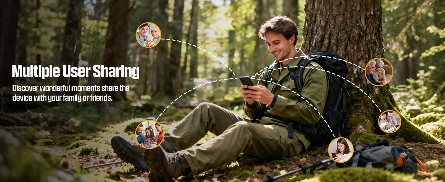 Text reads: 'Multiple User Sharing'. Outdoor scene showing hammock setup between trees in a forest setting.