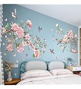 Removable Large Flowers with Tree Branches Wall Stickers – DIY Peony Floral Birds Wall Decals, Pe...