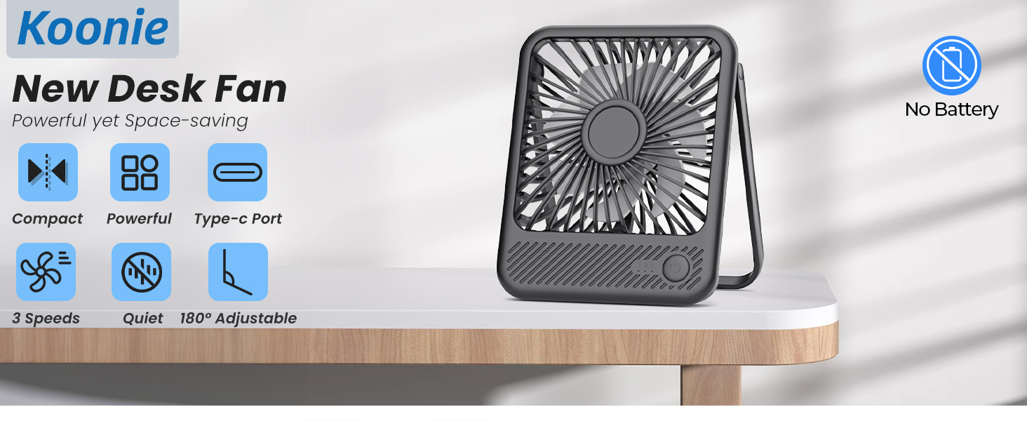 Koonie New Desk Fan. Compact gray fan with square design. Features include powerful airflow 3-speed