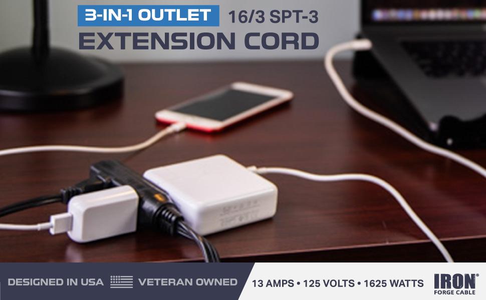 black 16/3 extension cord with 3-plug outlet