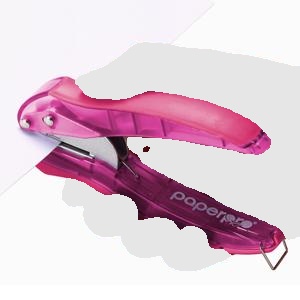 closeup image of pink bostitch paper punch at work