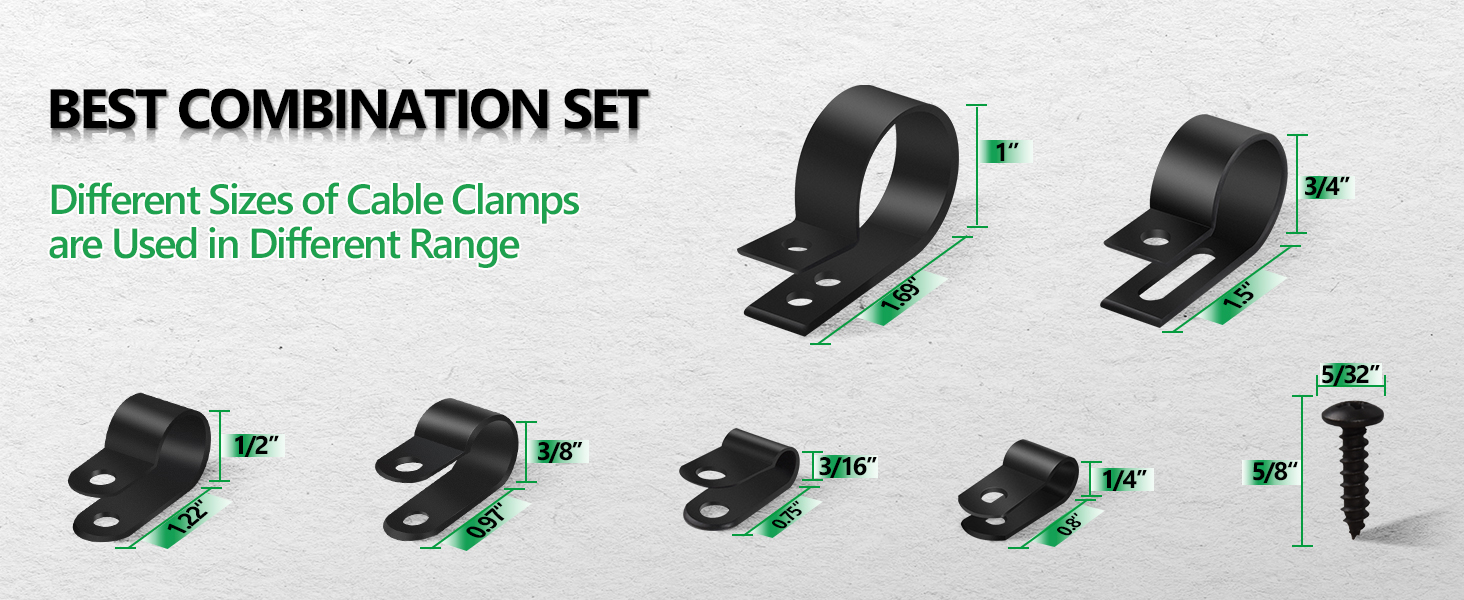 Set of black cable clamps in various sizes with mounting holes, shown with measurements and a mounting screw.