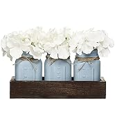 Mkono Mason Jar Centerpiece Decorative Wood Tray with 3 Painted Jars Artificial Flowers Rustic Co...