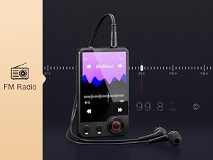 Portable digital FM radio with a color display showing audio waveforms, volume controls, and a headphone jack, set against a dark background.