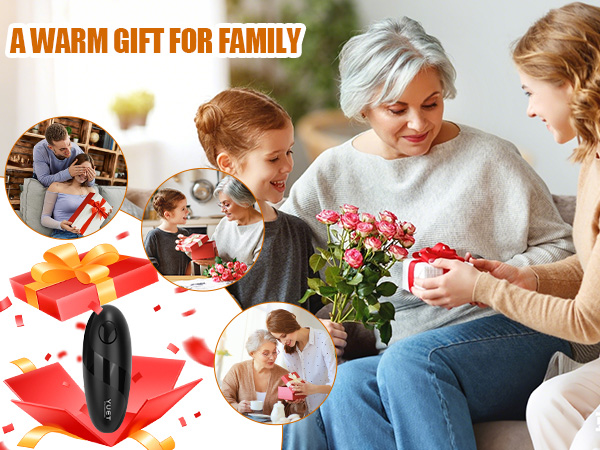 Text reads 'A WARM GIFT FOR FAMILY'. Collection of images showing people exchanging gifts and spending time together in casual indoor settings.