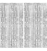 2 Pack Silver Backdrop Curtain Party Decorations Foil Fringe Backdrop Silver Tinsel Streamers Bir...