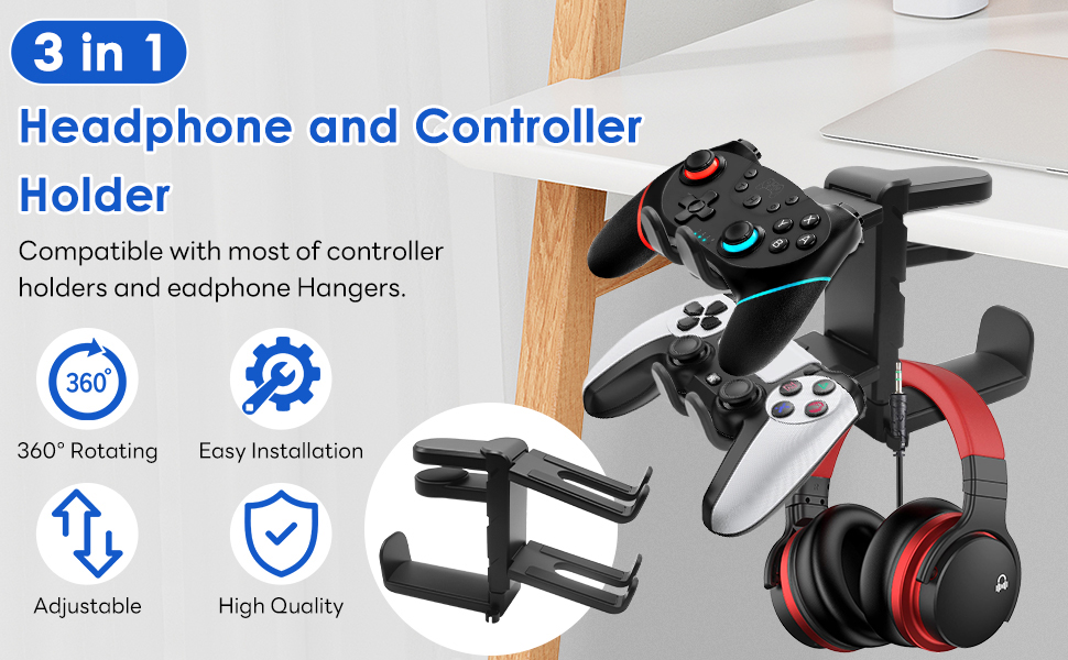 Under Desk Headphone Stand with Dual Controller Holder