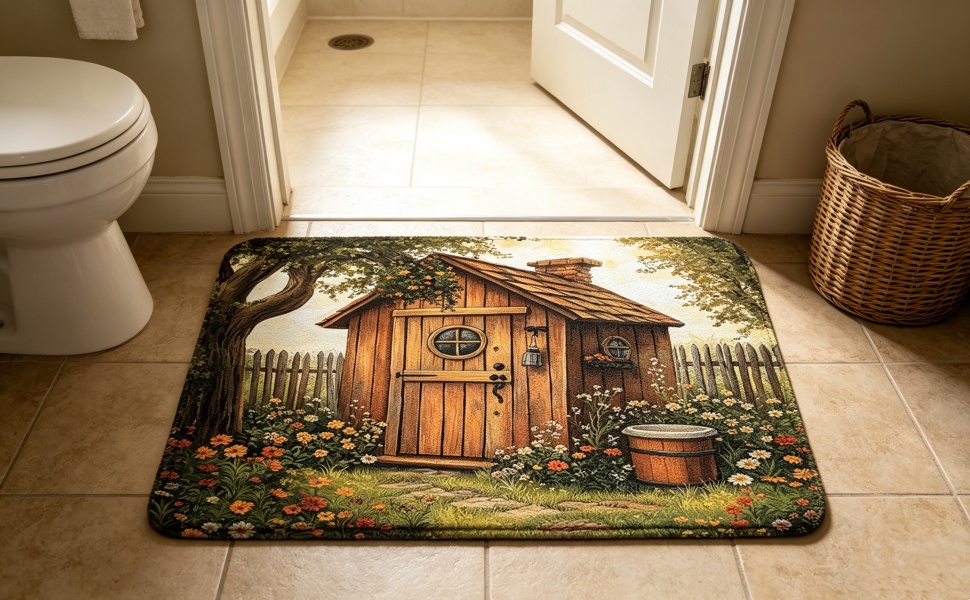 Outhouse Bath Mat Vintage Wooden House Tree Country Grass Yard Floral Garden Rustic Farmhouse