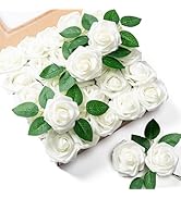 Aegero Artificial Flowers 25pcs Foam Fake Roses with Stems for DIY Wedding Bouquets Bridal Shower...