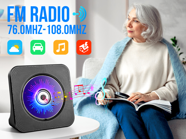 CD player and FM radio for seniors listening to music news and weather at home sofa