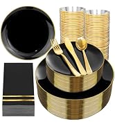 NOCCUR 350PCS Black and Gold Plastic Plates - Black Disposable Dinnerware Set for 50 Guests, 100 ...