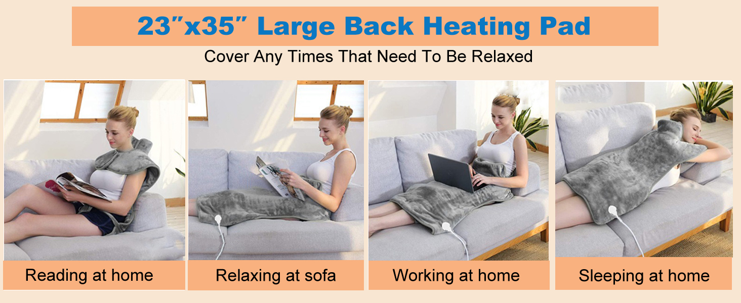 Versatile heating pad used while reading or working, providing warm to the back, legs, and abdomen