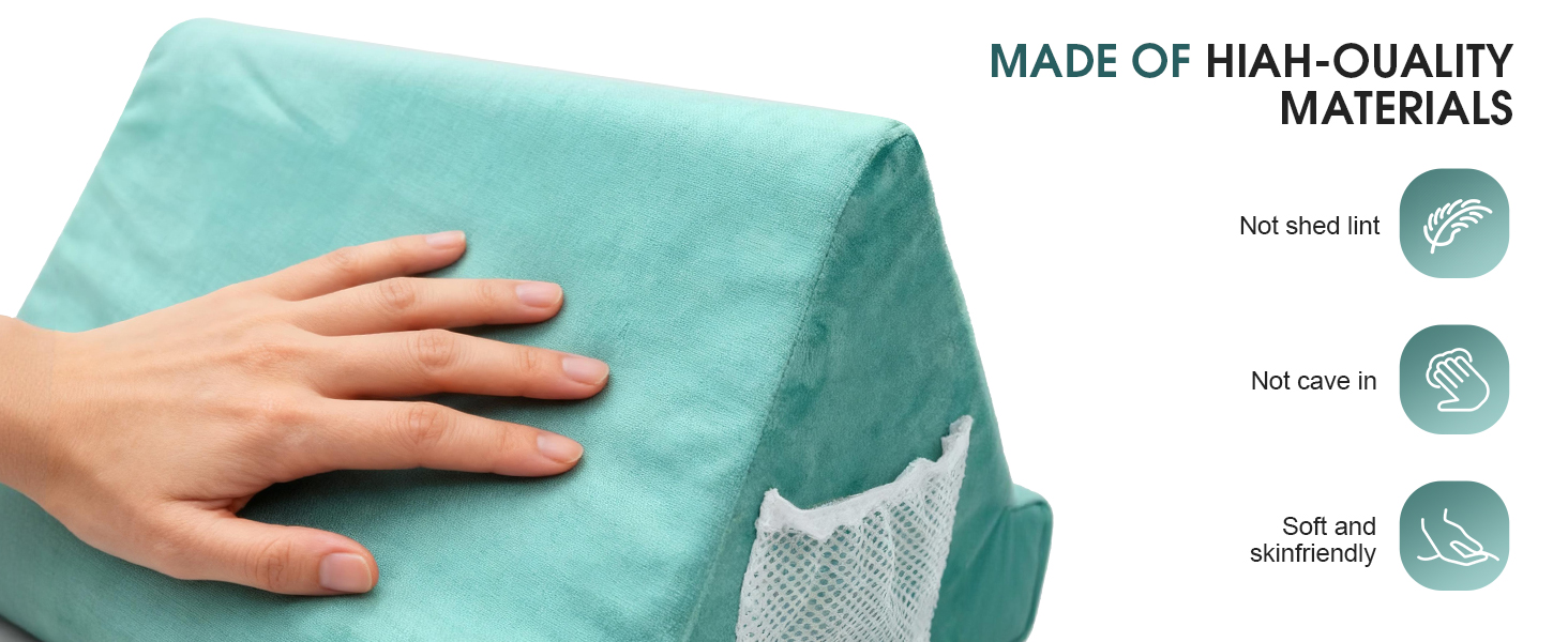 Text reads 'MADE OF HIGH-QUALITY MATERIALS', 'Soft silky', 'No odor', 'Safe and eco.' Hand touching turquoise fabric material with white mesh pocket detail visible.