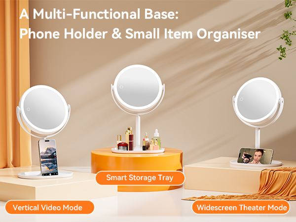 Multi-functional Makeup mirror: phone holder for vertical/horizontal use, storage tray for cosmetics