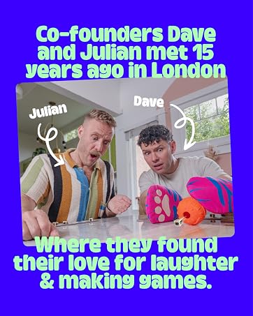 Two people outdoors with colorful toys. Text overlay: 'Co-founders met 15 years ago in London where they found their love for laughter & making games.'