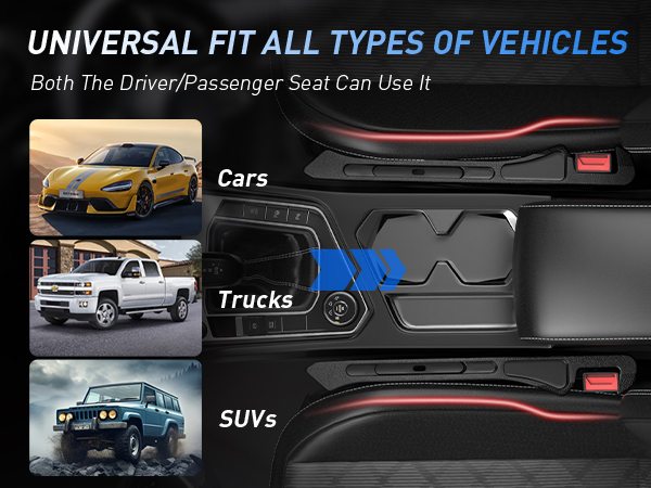 car seat gap filler come with 1 for the driver side and 1 for the passenger side; universal fit