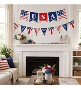 Baluue 250th Anniversary USA Flag Banner, DIY Paper Cardstock Patriotic Bunting with Ribbon & Thr...