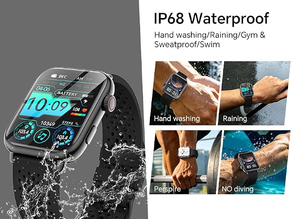 Text reads 'IP68 Waterproof' and 'Hand washing/Running/Gym & Sweatproof/Rain'. Black smartwatch with turquoise digital display showing 10:09, surrounded by water splash effects. Four usage photos show watch worn during various activities including hand washing, running, gym, and water sports.