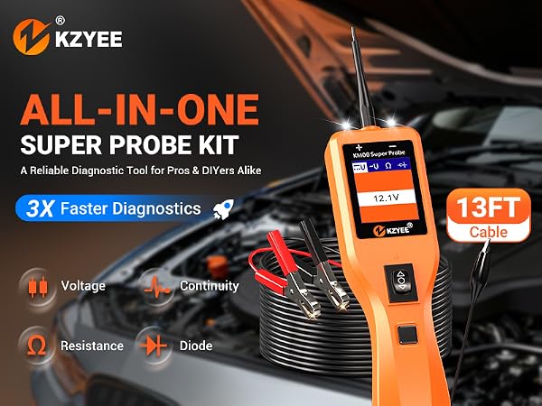 KM06 super probe kit used for car diagnostics with voltage, continuity, resistance and diode modes.