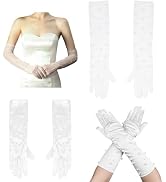 WADORN 2 Pairs Long Satin & Tulle Bridal Wedding Gloves, Pearl Arm Sleeves Gloves White Sheer Lac...