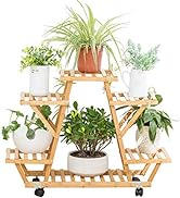 Bamboo Rolling 6 Tier Plant Stand Rack Multiple Flower Pot Holder Shelf Indoor Outdoor Planter Di...