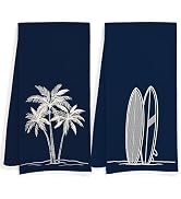 JOQUXI Coastal Kitchen Dish Towels 16x24 Inch Set of 2, Navy Blue Palm Tree & Surfboard Beach Hou...