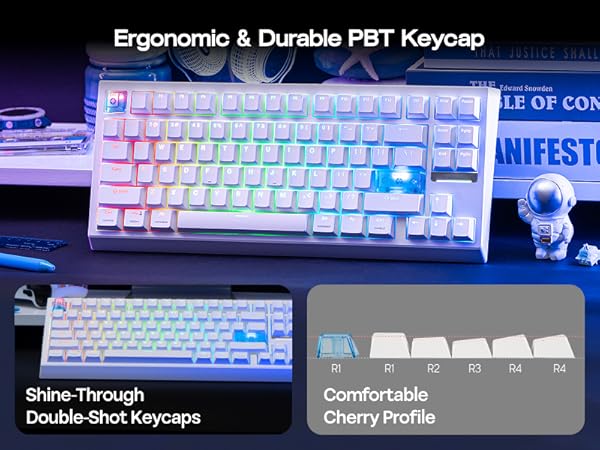 Text reads 'Ergonomic & Durable PBT Keycap', 'Shine-Through Double Shot Keycaps', 'Comfortable Cherry Profile'. Mechanical keyboard with RGB backlight illumination.