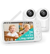 Jartoo 2K 5.5" Video Baby Monitor with 2 Cameras and Audio,AI Cry Detect 1860ft Long Range Baby M...