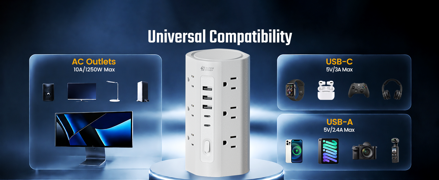 universal compatibility power strip tower