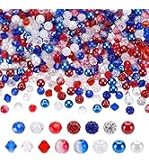 PH PandaHall 390pcs 8mm Patriotic Beads for 4th of July, 5 Style Red White and Blue Beads Round G...
