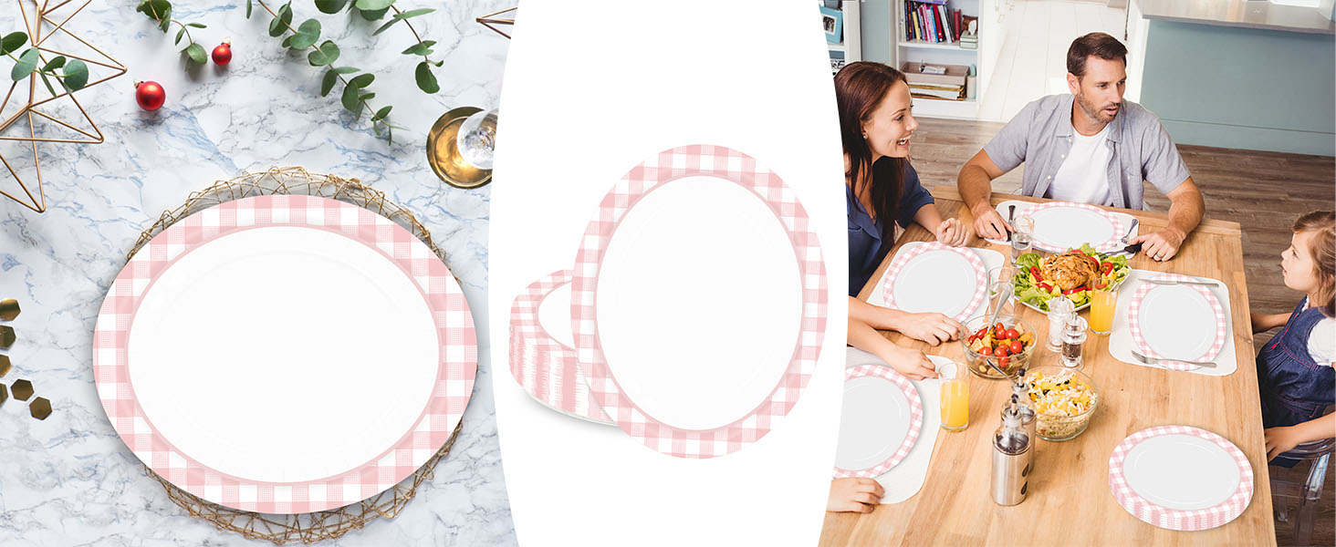 pink and white checkered oval paper plates disposable dinner plates wedding birthday party plates