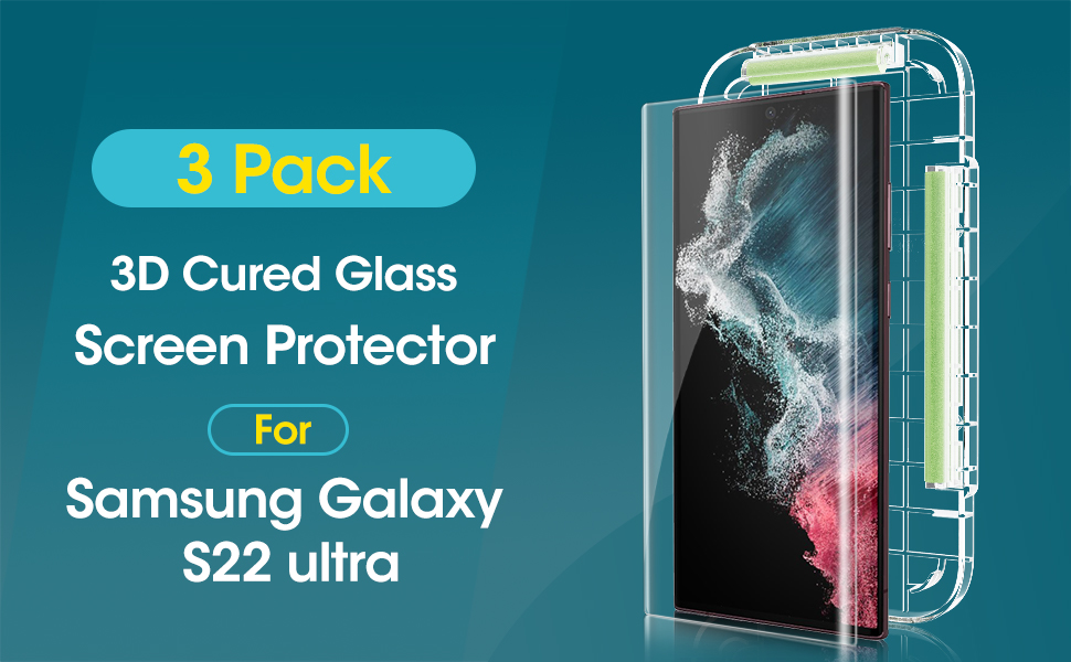 3-pack of 3D curved glass screen protectors for Samsung Galaxy S22 Ultra, with product image and packaging display.