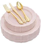 DaYammi 150Pcs Pink Plastic Plates & Gold Plastic Silverware,Pink Disposable Plates for Party Inc...