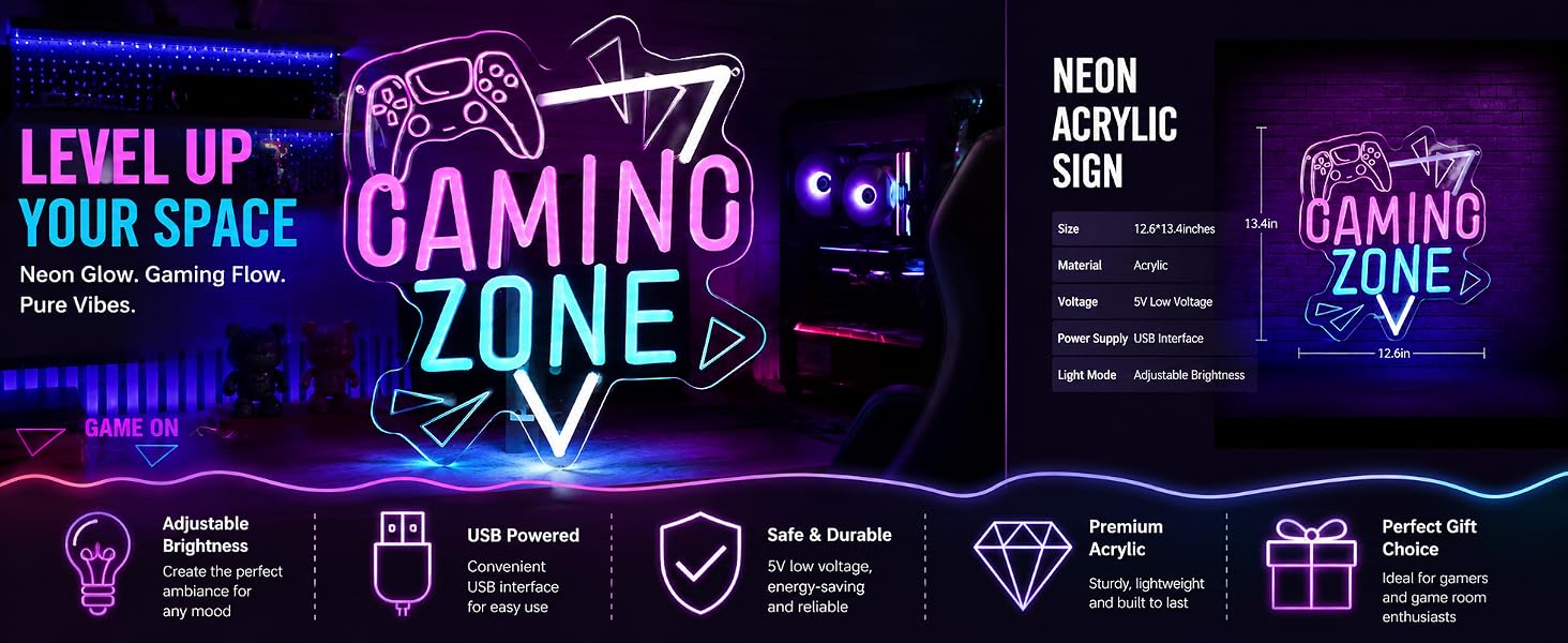 Gaming Zone Neon Sign Game for Wall Decor