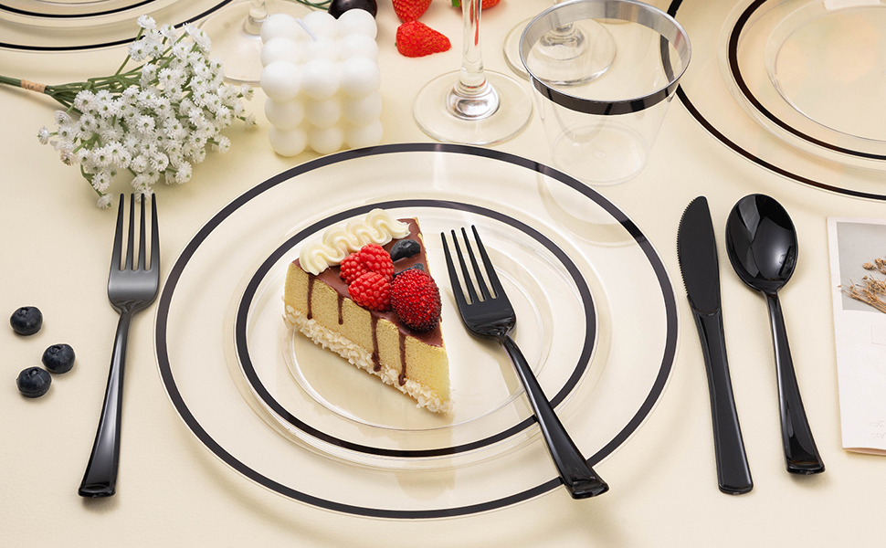clear black plastic dinnerware set