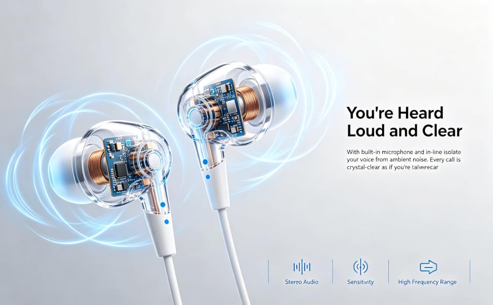 Premium drivers in the wired earbuds bring clear natural stereo audio with strong enhanced bass.