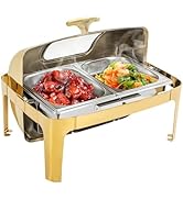 9QT Gold Chafing Dish Set, Stainless Steel Buffet Server with Glass Window Lid, 180° Roll-Top Foo...