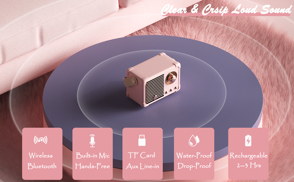 Retro Vintage Bluetooth Speaker with Built-in Mic Pink 3
