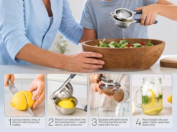 Four numbered steps show how to halve a lemon, press it, and pour juice without any seeds.