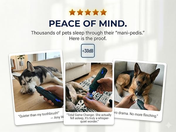 Customer photo collage showing calm dogs during nail trimming with YABIFE quiet dog nail grinder