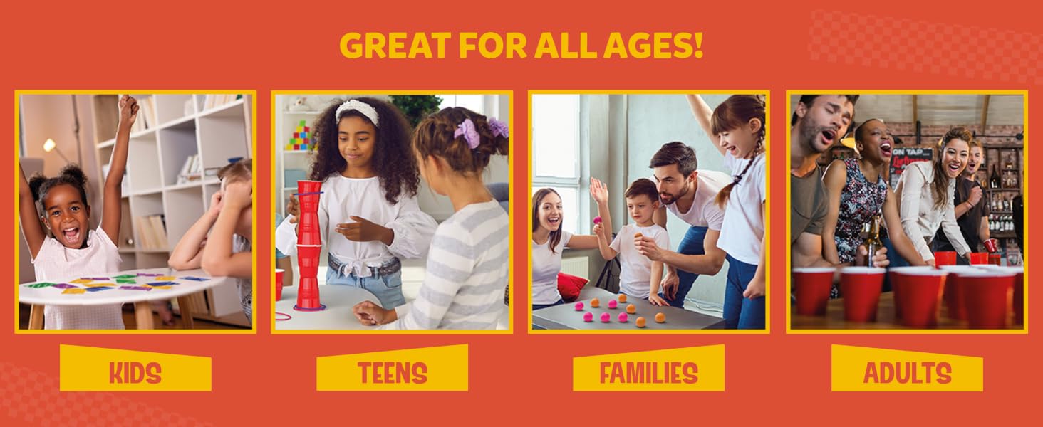 Marketing banner showing four categories of users labeled 'Kids', 'Teens', 'Families', and 'Adults' with text 'Great for all ages!' at the top.