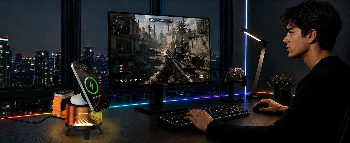While gaming, the ambient light wireless charger lights up your space.