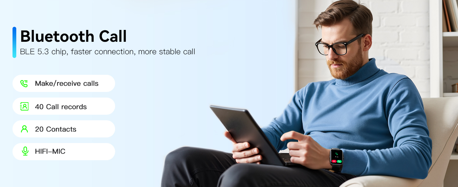 Text reads 'Bluetooth Call'. Interface or product demonstration showing bluetooth connectivity features with person using device.