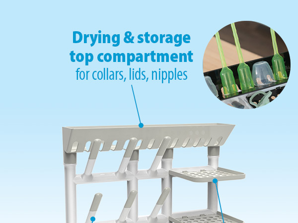 Featuring 6 sturdy pegs Drying & storage top compartment 3 trays